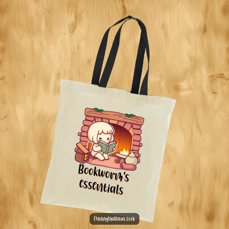 Funny tote bag with a character reading a book by a glowing fireplace, ideal for carrying books and essentials.