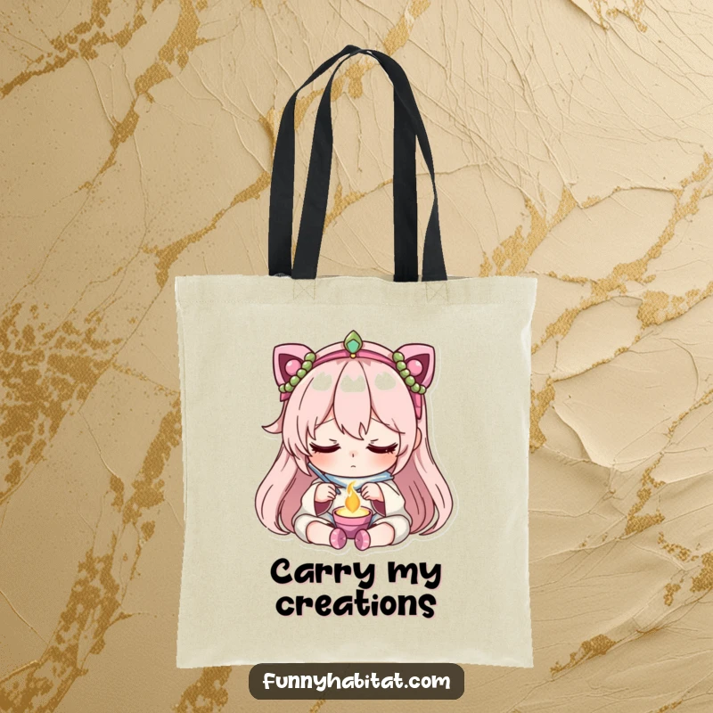 Funny tote bag depicting a character with focused, peaceful concentration crafting delicate jewelry pieces, ideal for carrying supplies.