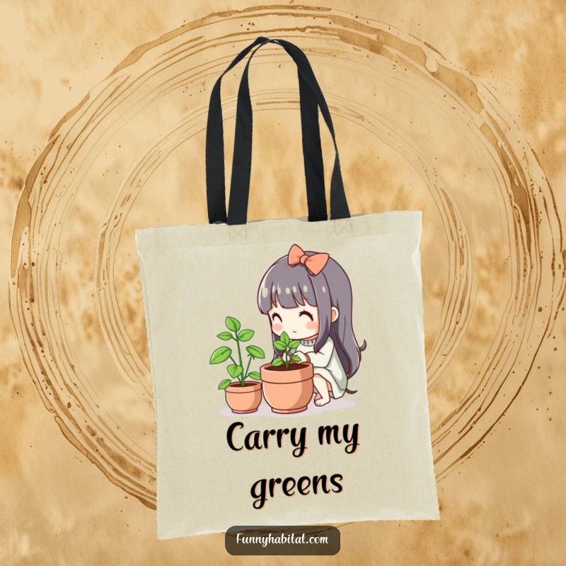 Funny Kawaii Tote Bag, a cute character tends a small flourishing plant, practical and nature-themed.
