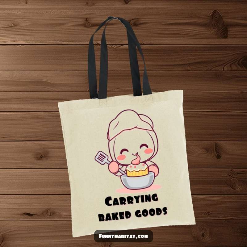 Funny Kawaii Tote Bag, a happy character with oven mitts smiles while baking a small cake, practical and cute.