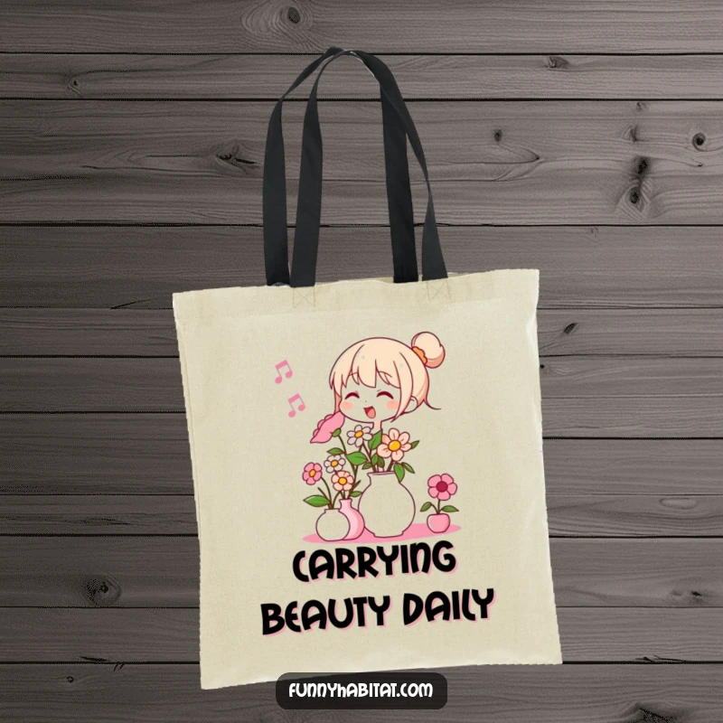 Funny tote bag displaying a character humming with joy while meticulously arranging a stunning vase of flowers.