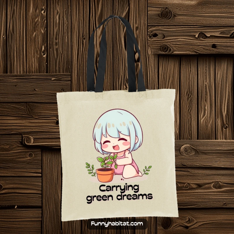 Funny tote bag featuring a cheerful character caring for a small potted plant, symbolizing a love for nature.