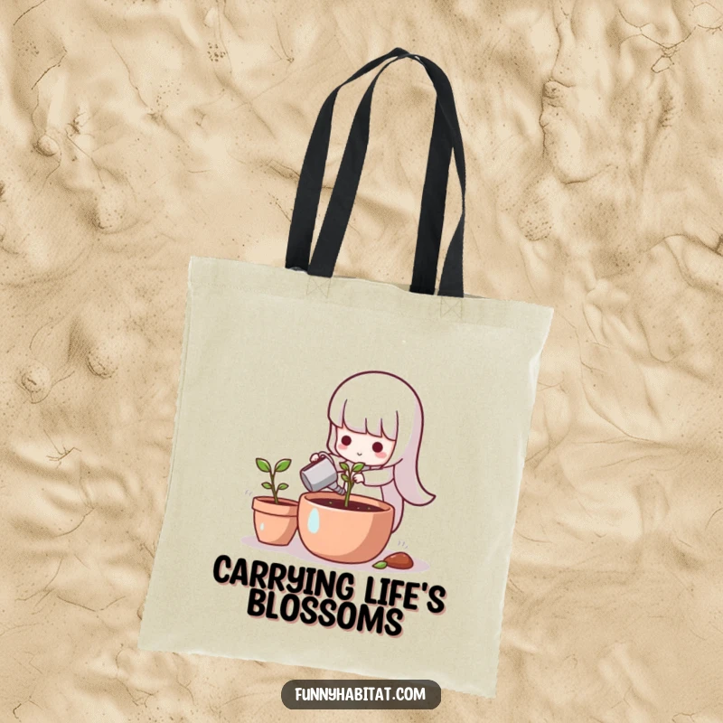 Funny character with a watering can, tending to a tiny sprout in a sunlit pot, on a tote.