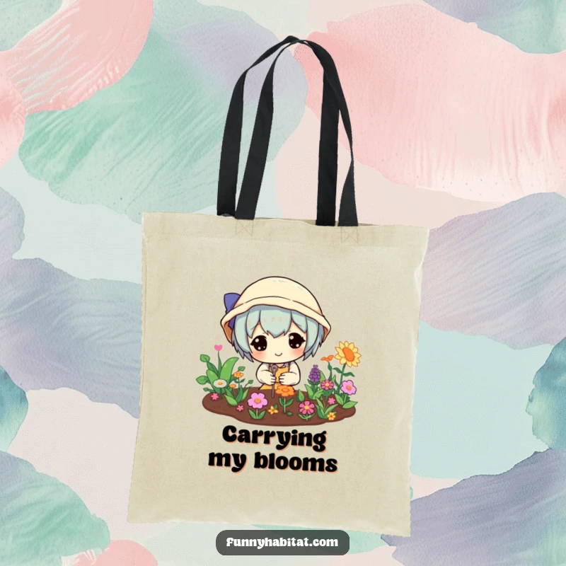 Funny tote bag with a happy character tending a vibrant miniature garden, ideal for carrying groceries or gardening supplies with humor.