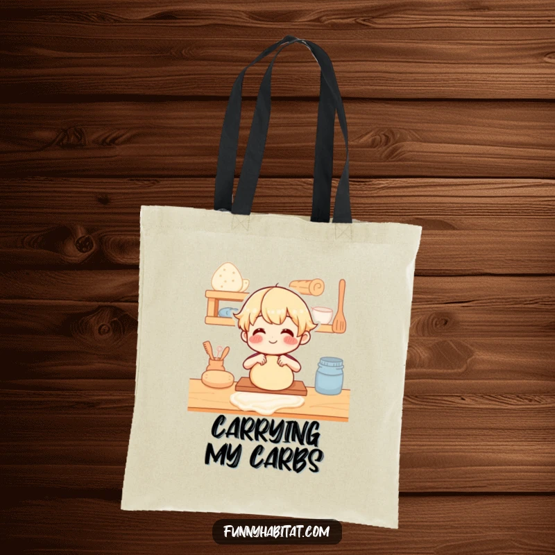 Funny Tote Bag: Adorable character happily kneading dough on a wooden counter, great for bakers.