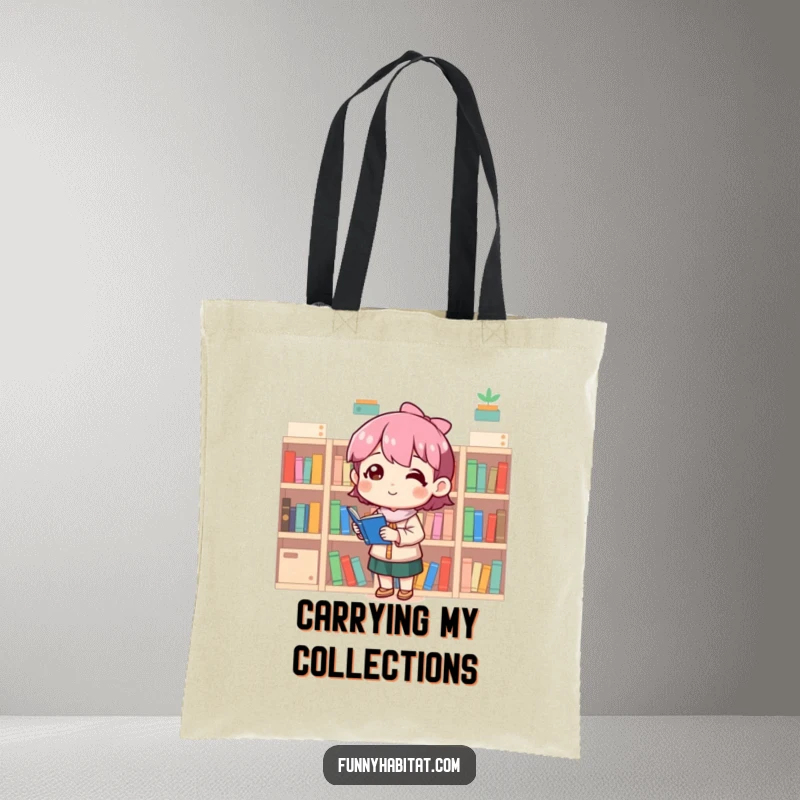 Funny tote bag with a character proudly carrying tiny bookshelves, highlighting a love for books and organization.