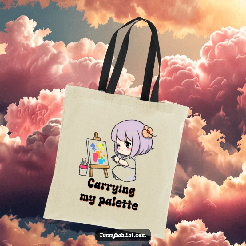Funny tote bag with a character concentrated on painting a colorful picture, ideal for artists to carry supplies with humor.