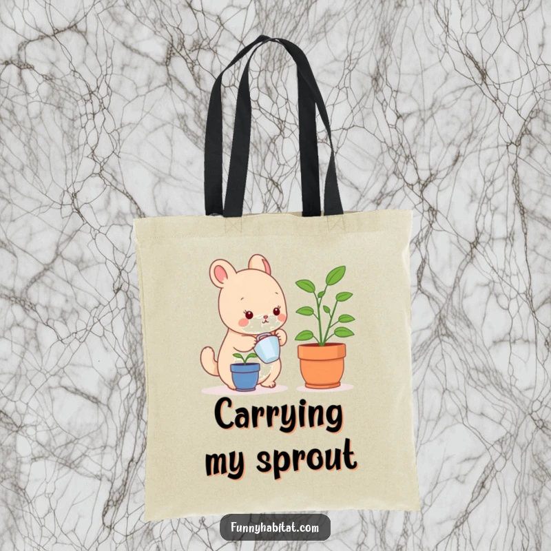 Funny tote bag featuring a happy small animal character watering a tiny potted plant, ideal for shopping and gifts.