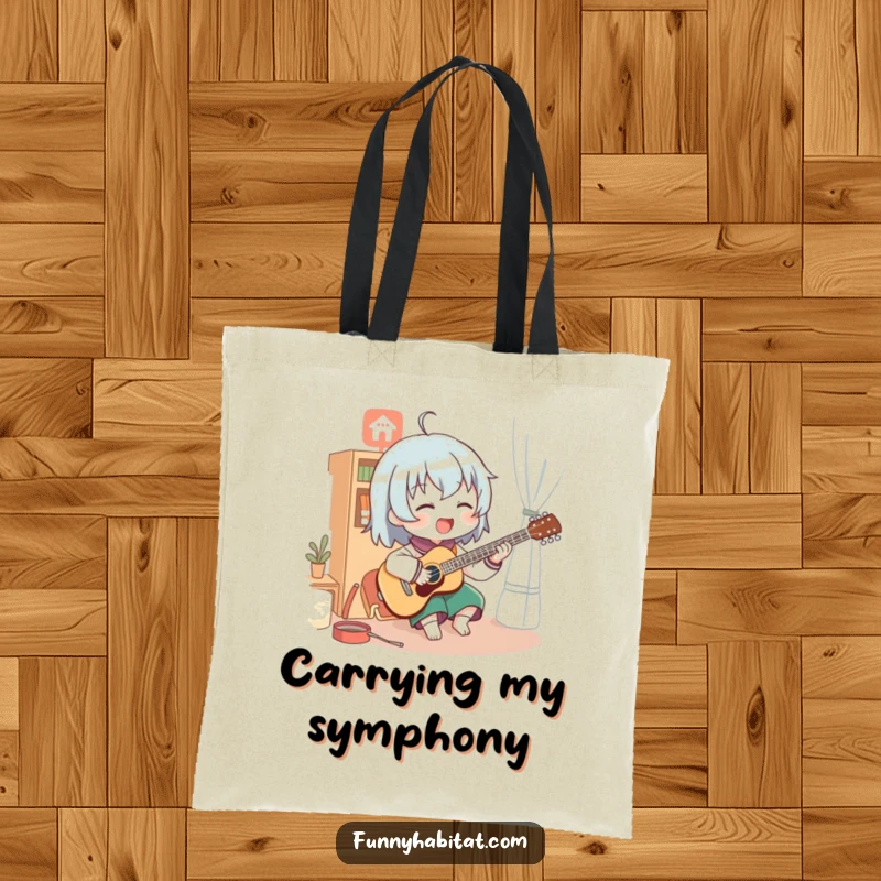 Funny tote bag displaying a character energetically playing a musical instrument in a cozy room, ready for a performance.