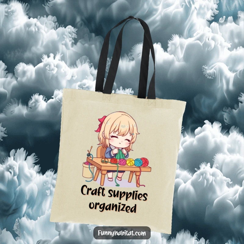 Funny tote bag with a diligent character crafting with colorful yarn and needles at a desk, ideal for crafters.