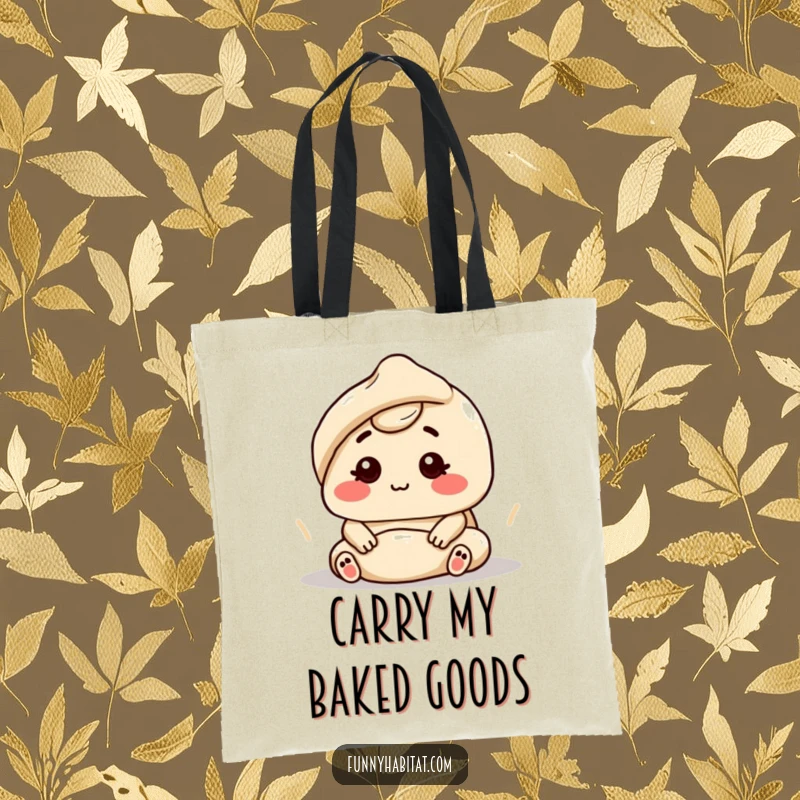 Funny character kneading dough with a contented smile, on a durable, humorous tote bag.