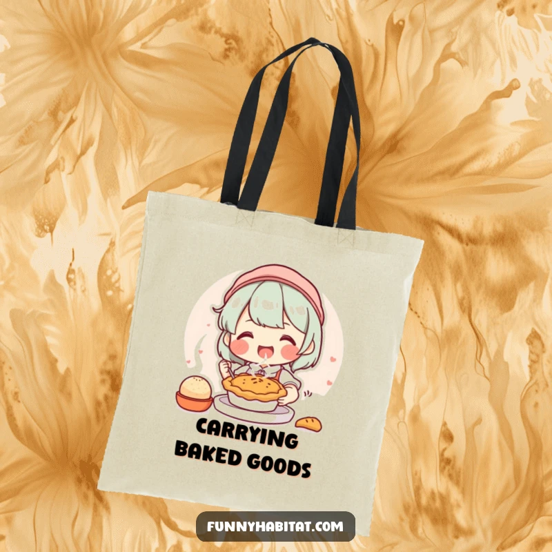 Funny tote bag with a happy character joyfully baking a small, steaming pie, ideal for bakers to carry supplies with humor.