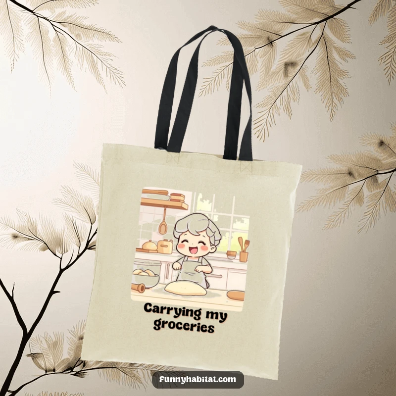Funny tote bag with a joyful character happily kneading dough in a sunlit kitchen, covered in flour.