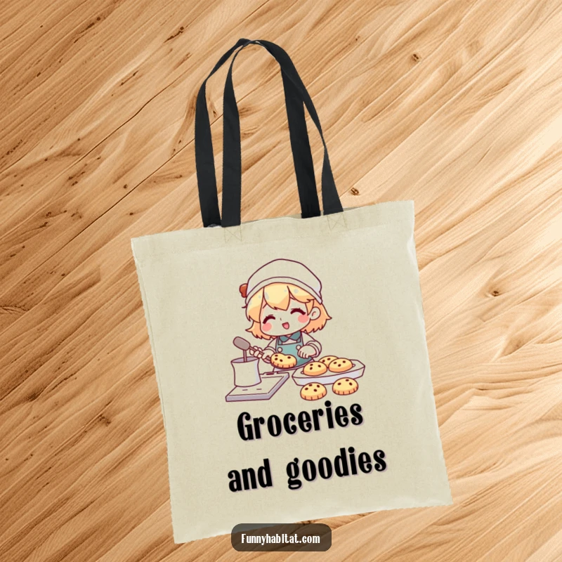 Funny tote bag displaying a character happily baking cookies, with a freshly baked tray of treats nearby.