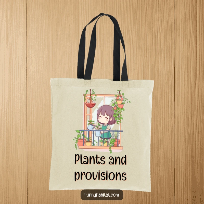 Funny tote bag featuring a character happily watering hanging plants from a balcony, perfect for carrying essentials with a touch of green humor.