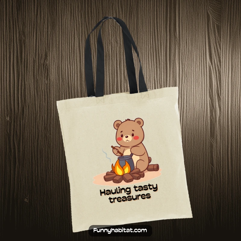 Funny bear character stirring a pot over a small campfire, a practical and humorous tote bag for campers and foodies.