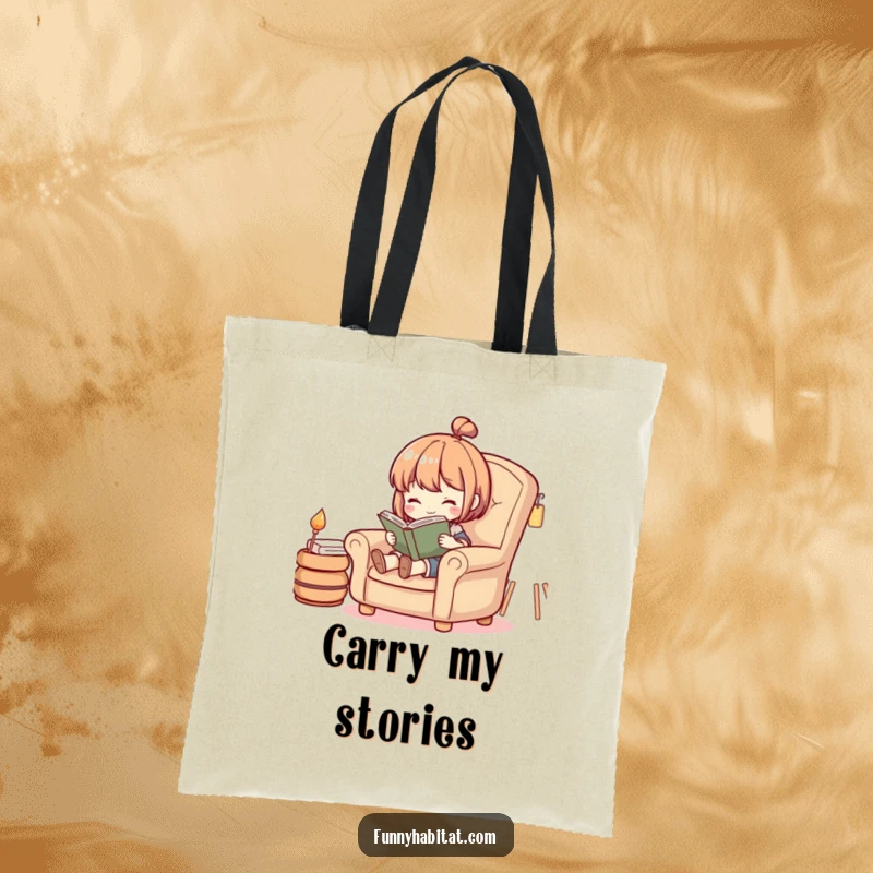 Funny tote bag showing a character engrossed in reading a book from a comfy armchair, ideal for bookish errands.