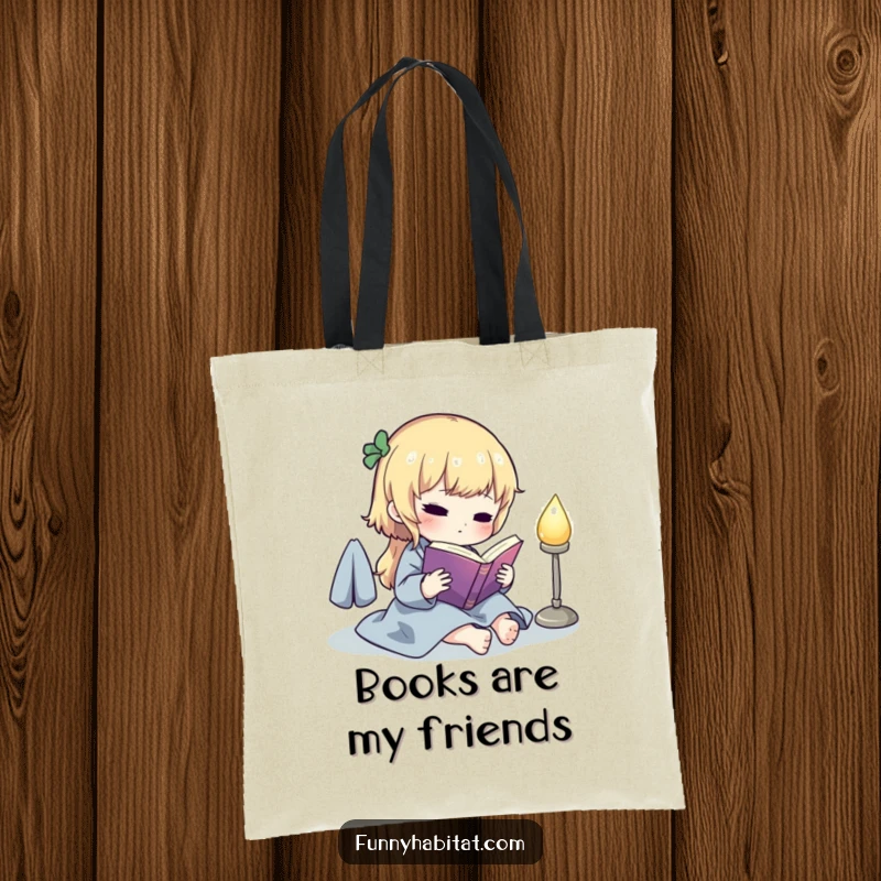 Funny tote bag showcasing a cute character reading a book under a soft lamp, ideal for carrying books and essentials with humor.