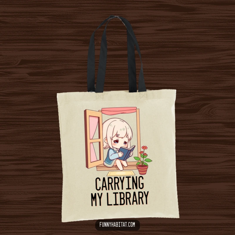 Funny character reading a book by a window on a tote bag, symbolizing a love for books and quiet moments with humor.