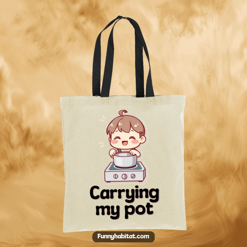 Funny Chef Tote Bag, a happy character stirs a pot on a stove, symbolizing cooking and humor.