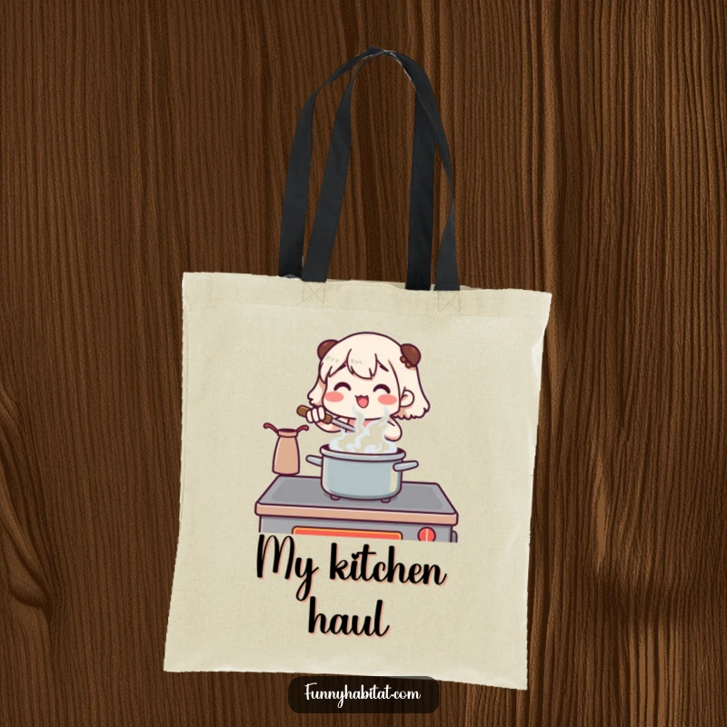 Funny tote bag with a character stirring a pot at a stove, steam gently rising, a humorous accessory for chefs.