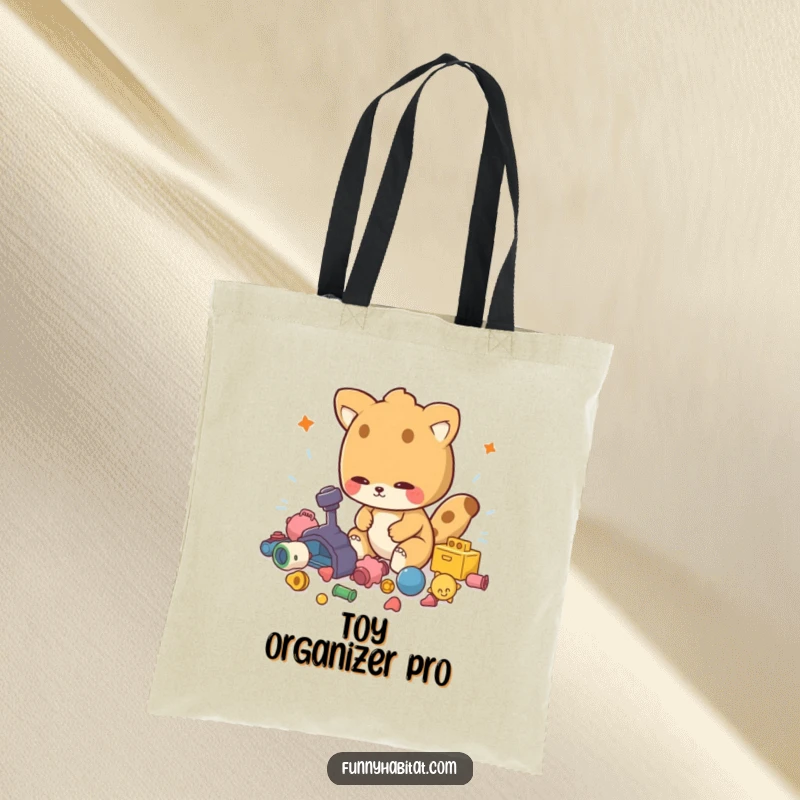 Funny tote bag with an energetic animal character tidying toys, ideal for shopping and organization.