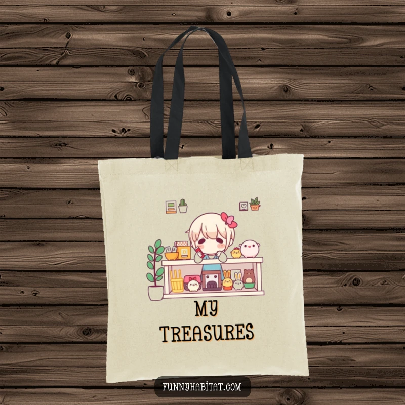 Funny tote bag with a character arranging favorite items on a shelf, perfect for collectors and organizers.