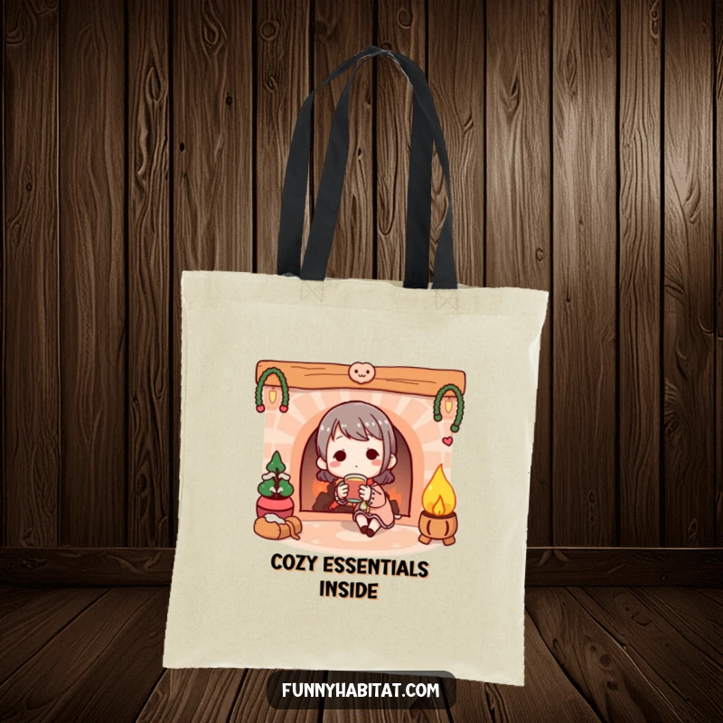 Funny Tote Bag: Adorable character enjoying a warm drink by a cozy illustrated fireplace, perfect for cozy days.