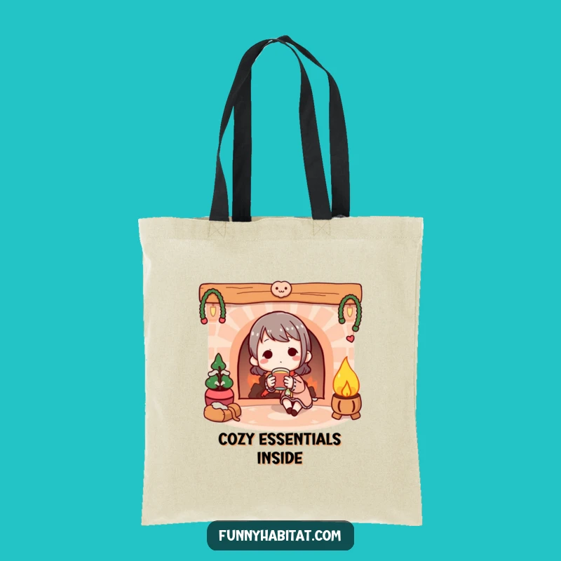 Funny Cozy Tote Bag: Fireplace & Drink Design - Carry Your Comfort Essentials