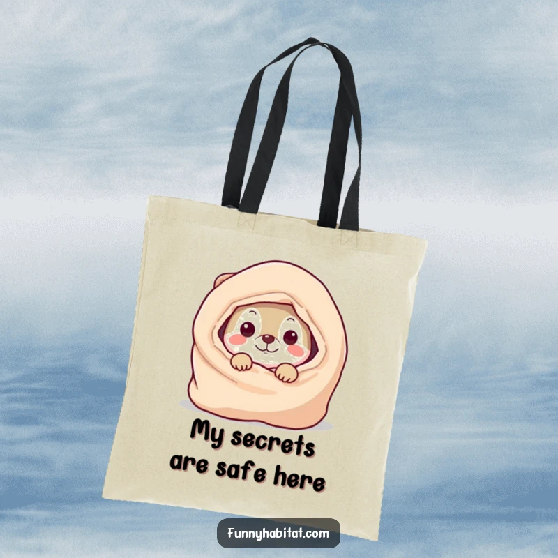 Funny Tote Bag with a playful animal character peeking out from behind a cozy blanket, ideal for carrying daily essentials with humor.