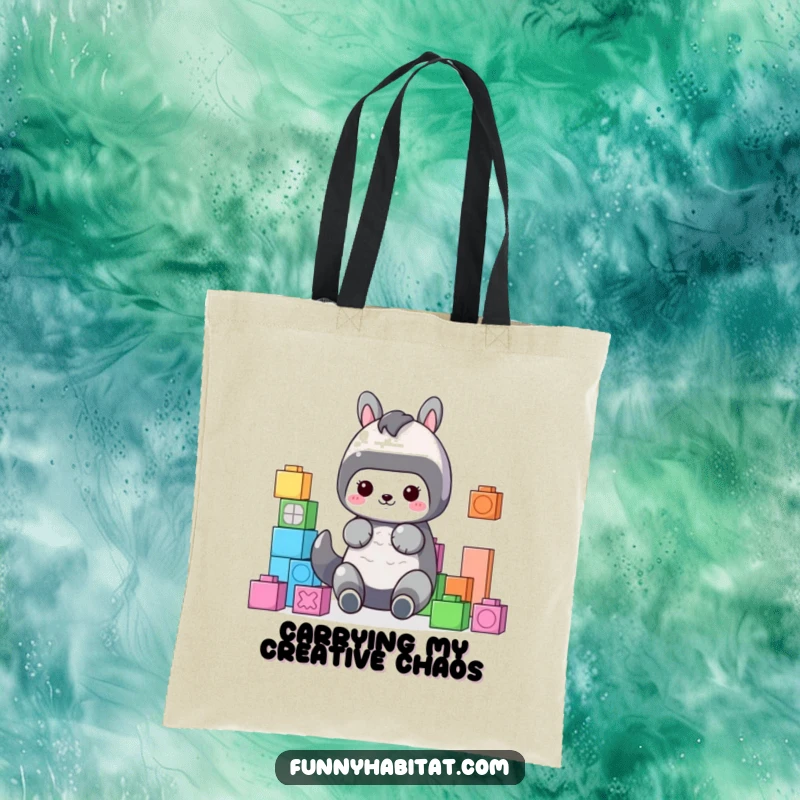 Funny Tote Bag with a cute animal character organizing colorful building blocks, perfect for carrying daily essentials with a playful touch.