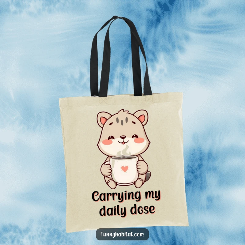 Funny Tote Bag featuring a cheerful animal with a bright smile, holding a steaming mug, perfect for carrying essentials happily.