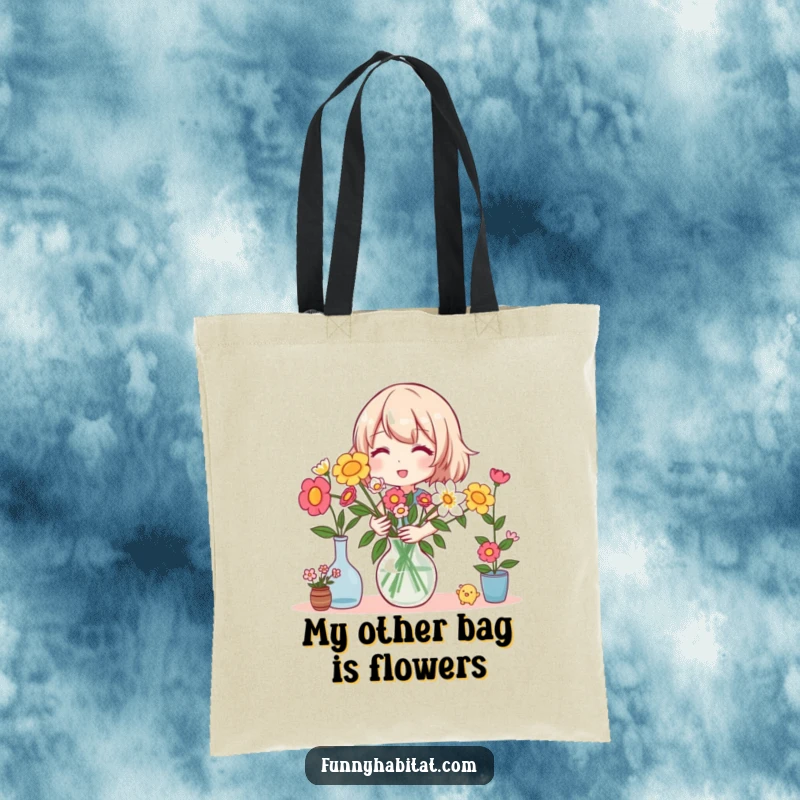 Funny tote bag depicting a happy character arranging a colorful bouquet of flowers in a vase, perfect for carrying essentials.