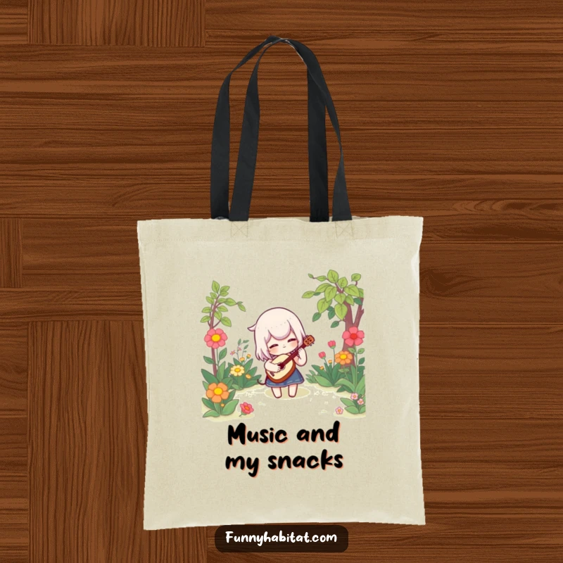 Funny tote bag featuring a character playing a small instrument in a beautiful garden, perfect for carrying treasures with a whimsical touch.
