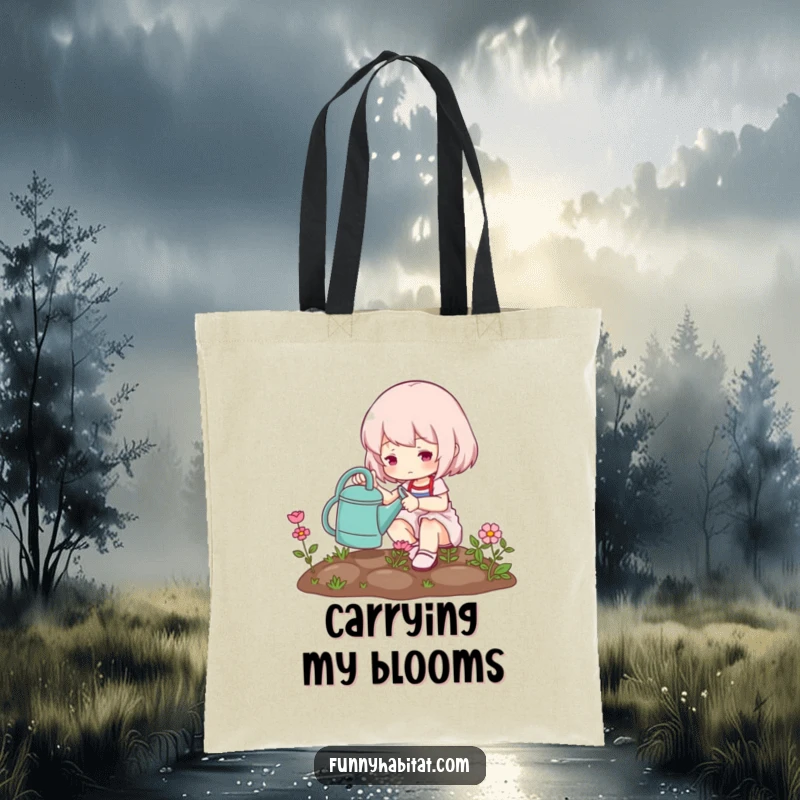 Funny tote bag showcasing a cute character watering a miniature garden, a charming and functional accessory for plant lovers.