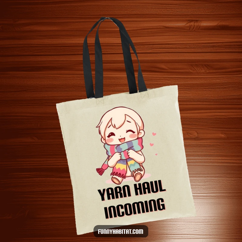 Funny tote bag with a smiling knitter character creating a long, colorful scarf, ideal for carrying craft supplies with humor.