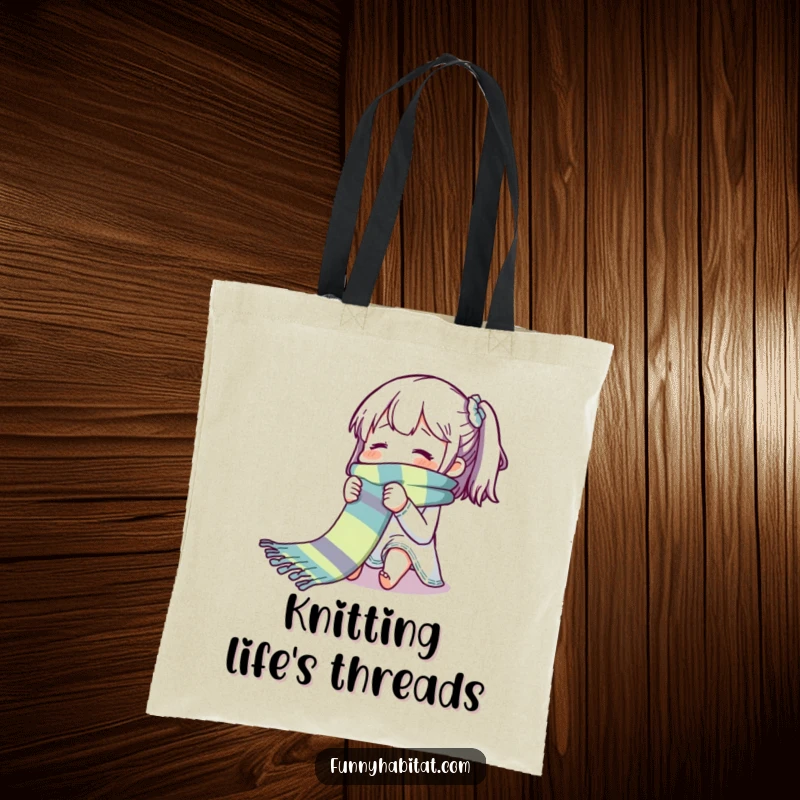 Funny tote bag displaying a character absorbed in knitting a long, vibrant, multi-colored scarf with a happy expression.