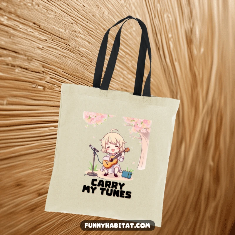 Funny tote bag with a character cheerfully playing a violin in a garden, perfect for carrying groceries or sheet music.