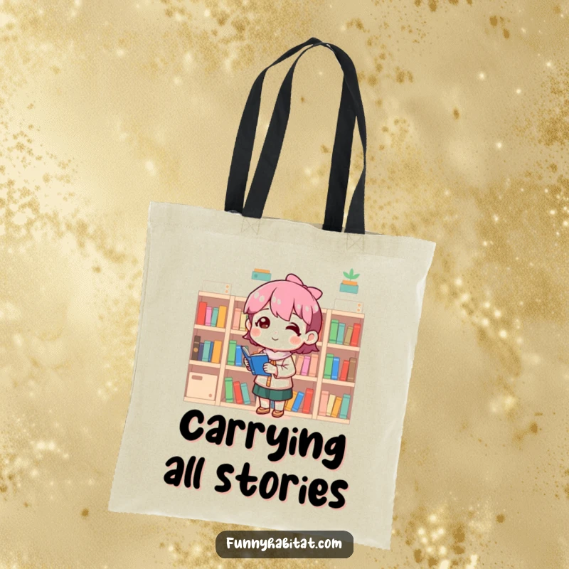 Funny tote bag displaying a character meticulously organizing tiny bookshelves with a look of deep satisfaction and a smile.