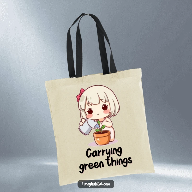 Funny plant tote bag, a cute character happily watering a plant, ideal for carrying groceries or daily items with a natural touch.