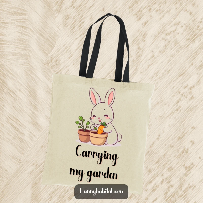 Funny rabbit character tending a miniature smiling carrot plant, a humorous and practical tote bag for garden lovers.