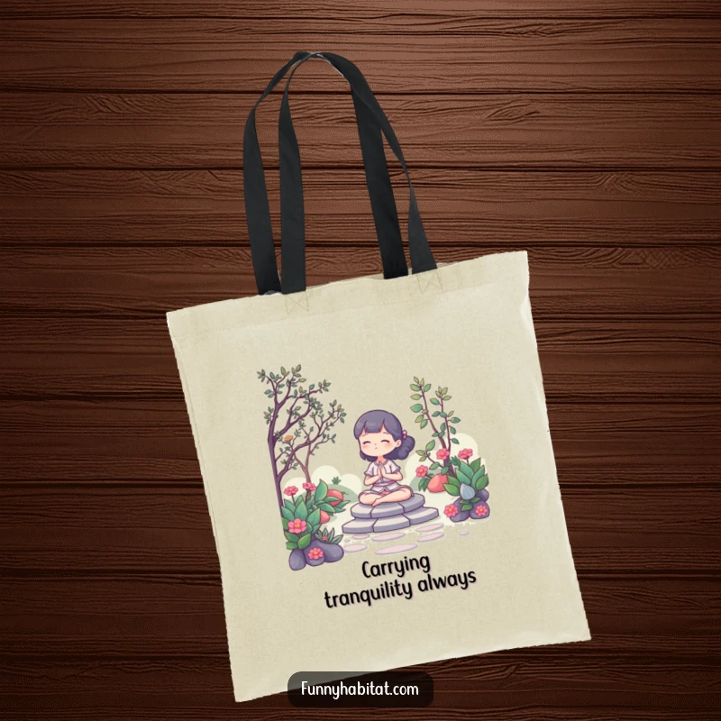 Funny Tote Bag: A character meditating peacefully in a serene garden, ideal for carrying mindfulness tools. Great gift.