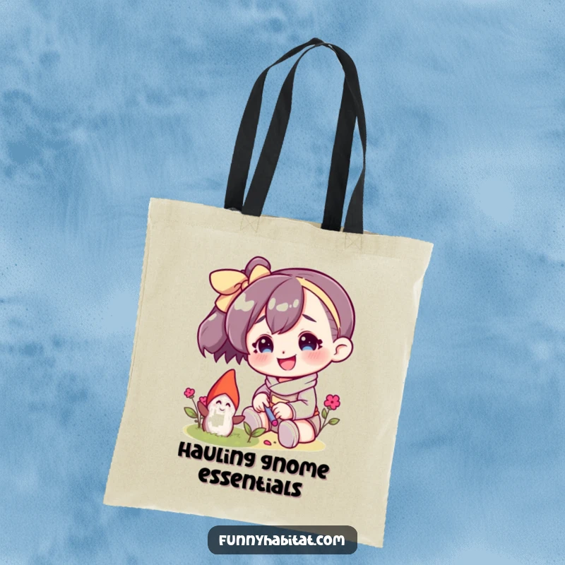 Funny tote bag with a smiling character gently caring for a small garden gnome, ideal for daily use and carrying essentials.
