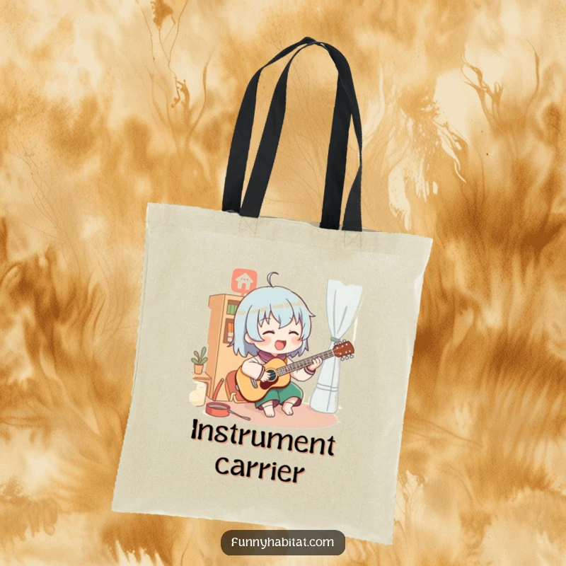 Funny tote bag featuring a character enthusiastically playing a musical instrument in a cozy room; a cheerful and practical accessory.
