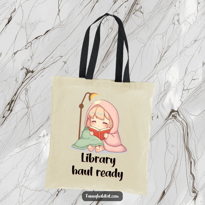 Funny tote bag with a cozy character wrapped in a blanket, reading a book by soft lamplight, ideal for book lovers.