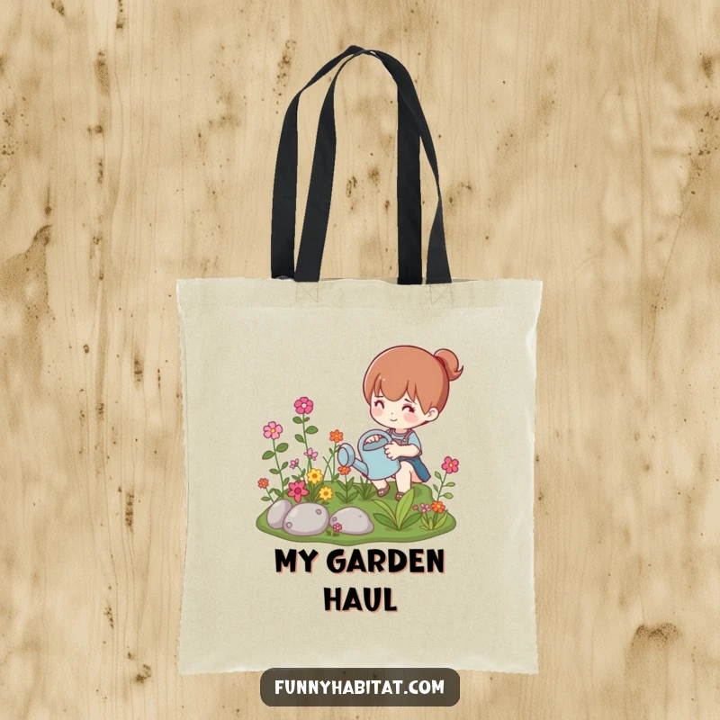 Funny tote bag with a character watering a vibrant miniature garden, a humorous accessory for garden enthusiasts.