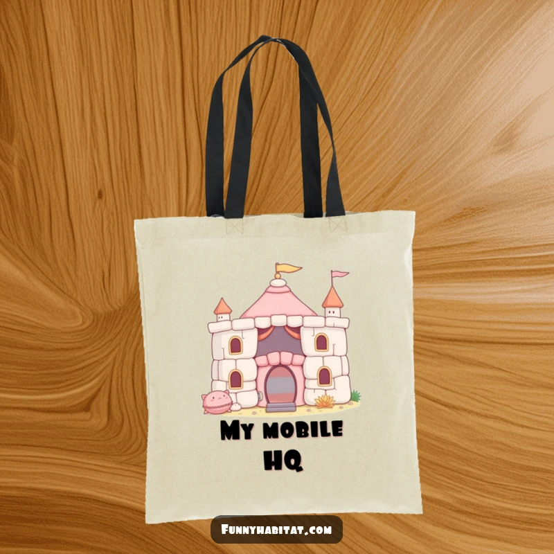 Funny Tote Bag showcasing a character building a fort from soft cushions, perfect for carrying books, toys, or snacks.