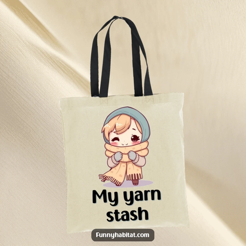 Funny tote bag with a character smiling and knitting a big, cozy scarf, ideal for carrying craft supplies.