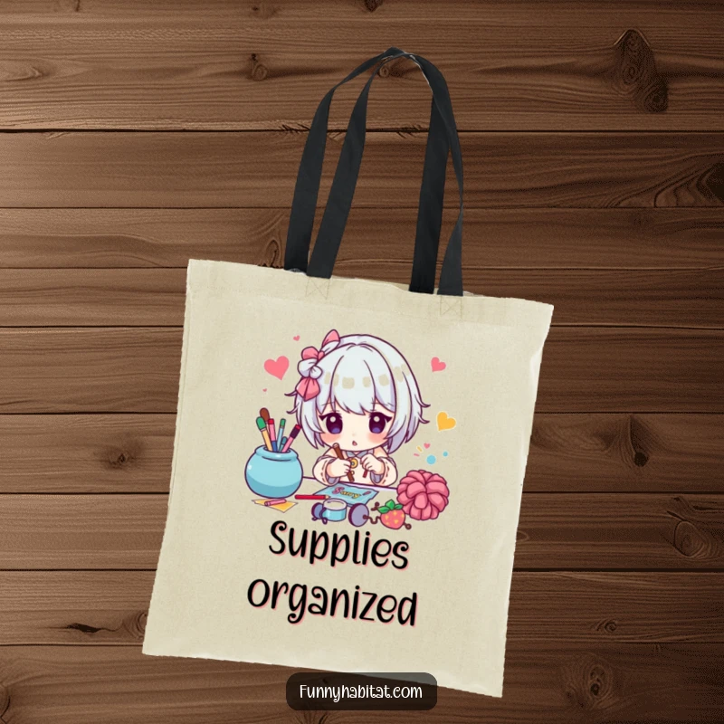 Funny tote bag featuring a character focused on a colorful craft project, designed for carrying art supplies and creations.