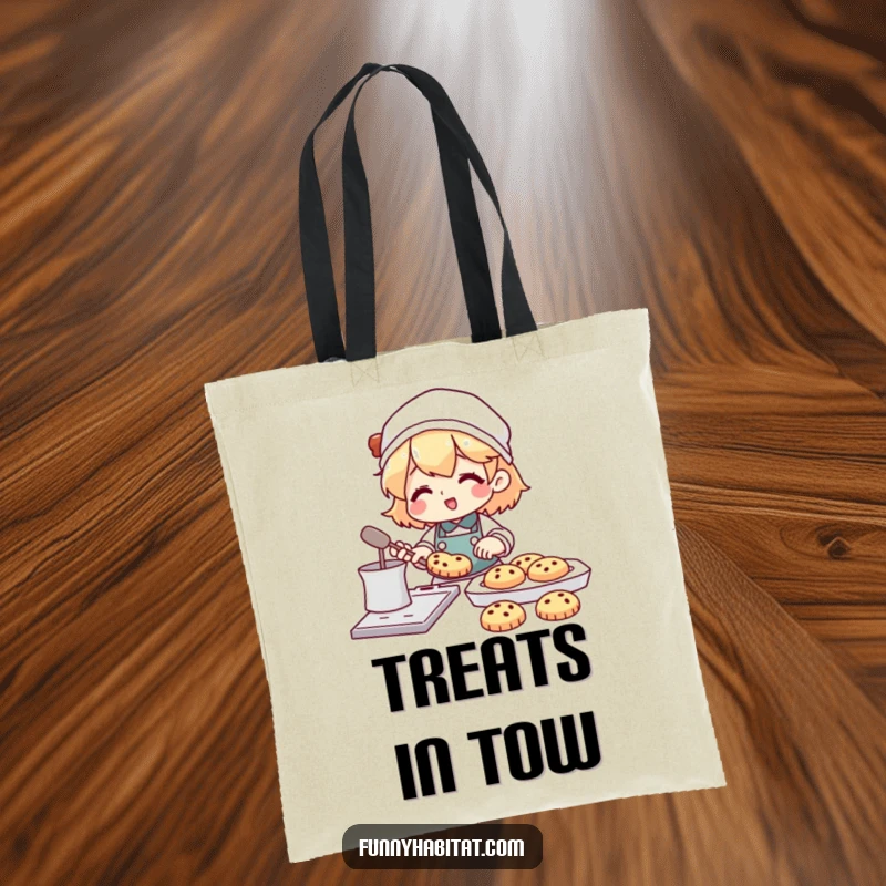 Funny tote bag featuring a character happily baking cookies with a tray full of treats nearby; a cheerful and practical accessory.